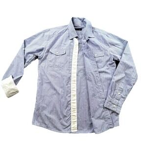 VTG Zein Mens L Blue White Plaid Striped Button Up Shirt Roll Tab Sleeves 2 Pkt